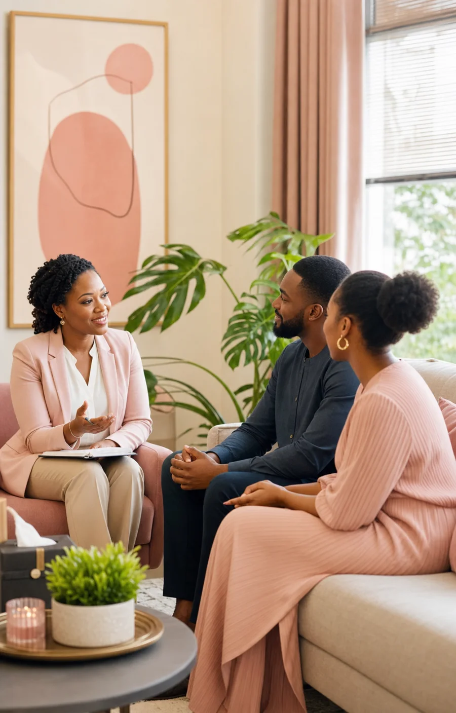 A counselor having a supportive conversation with a couple
